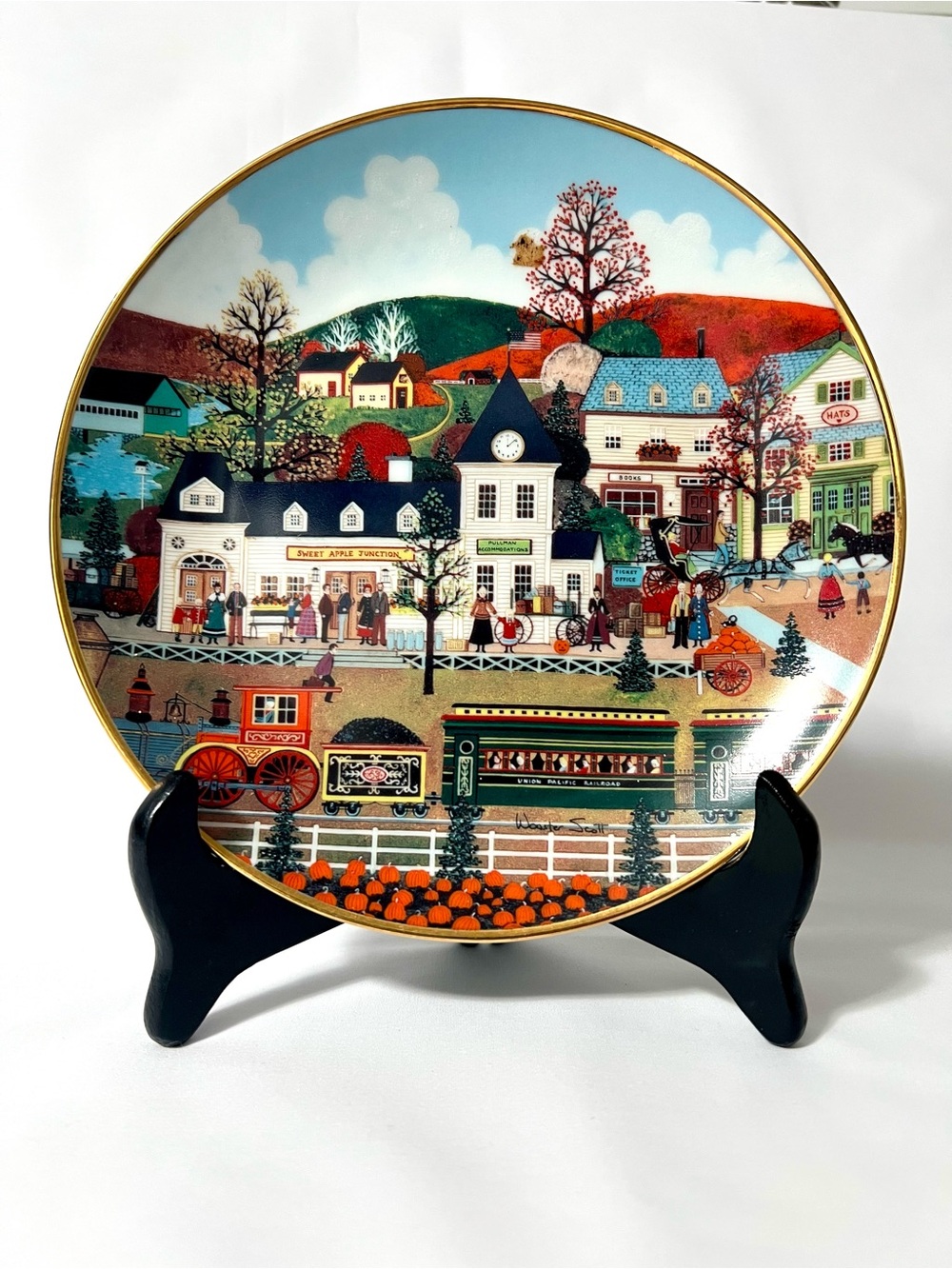 Franklin Mint Decorative Village Scene Plate in Blue, Green, Red, Orange, White